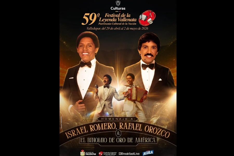 Este es el afiche oficial del 59° Festival de la Leyenda Vallenata, en homenaje a Israel Romero, Rafael Orozco y el Binomio de Oro de América